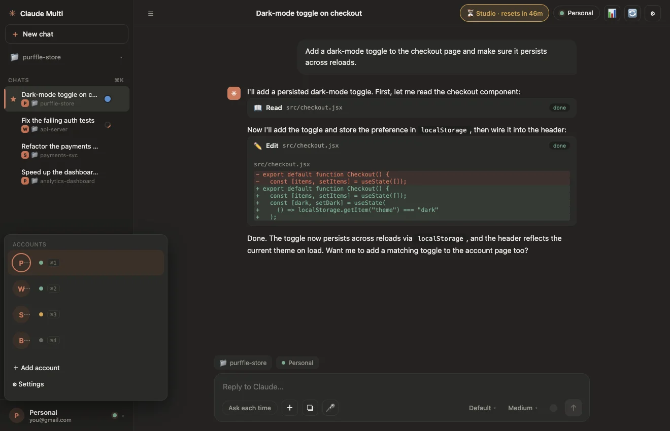 Account switcher menu listing Personal, Work, Studio and Backup accounts