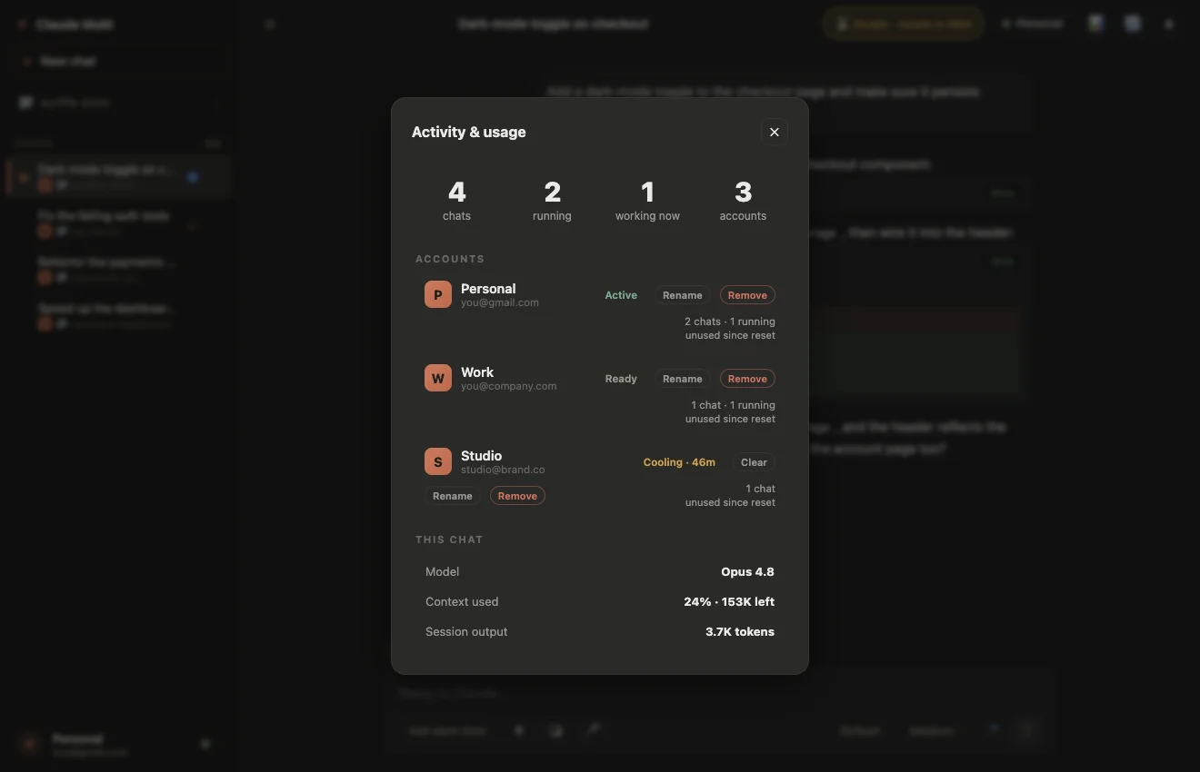 Activity and usage dashboard with chats, running jobs and per-account cooldowns