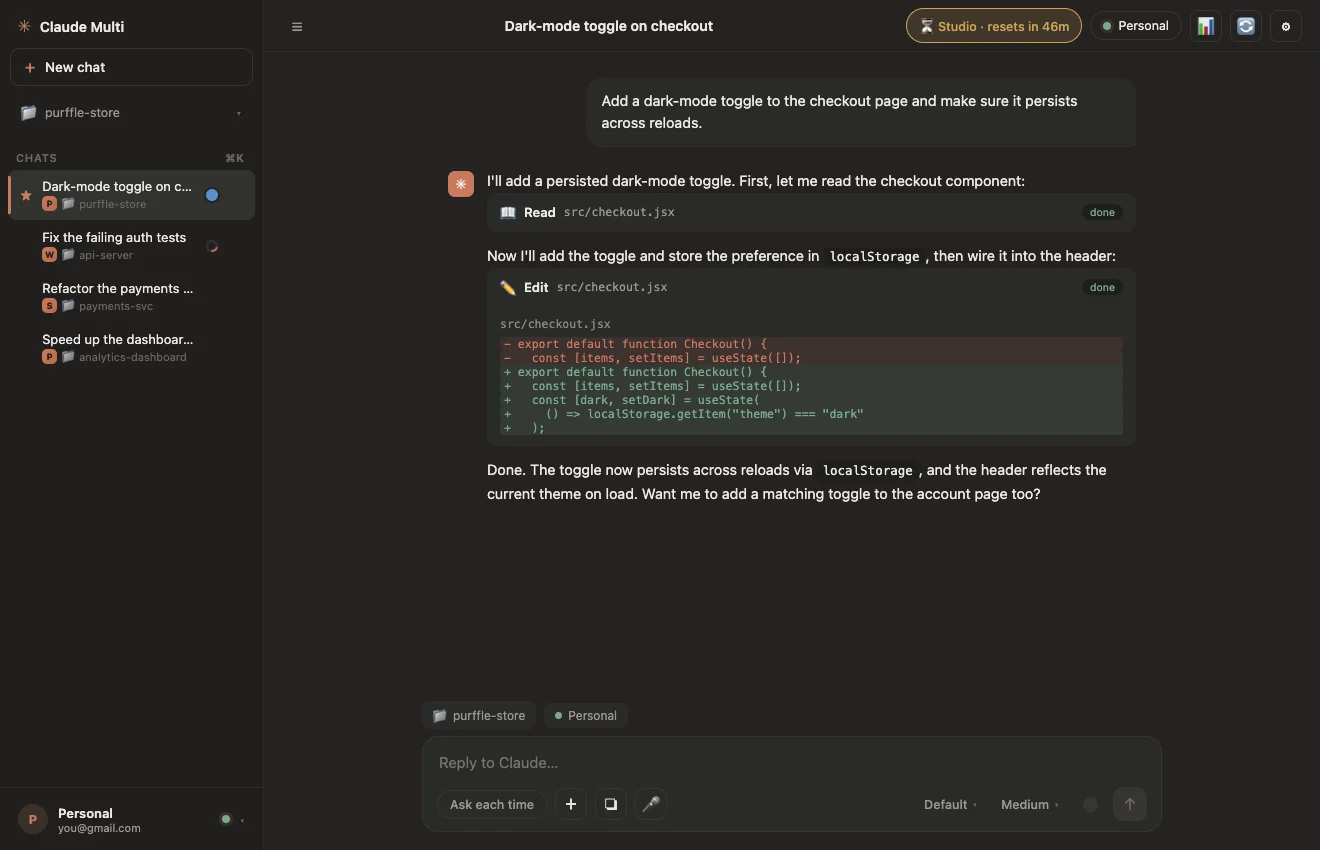 Claude Multi main chat with a conversation, Read and Edit tool cards and a red-green diff