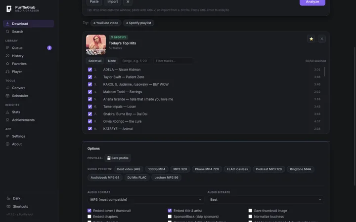 Spotify playlist track picker in PurffleGrab