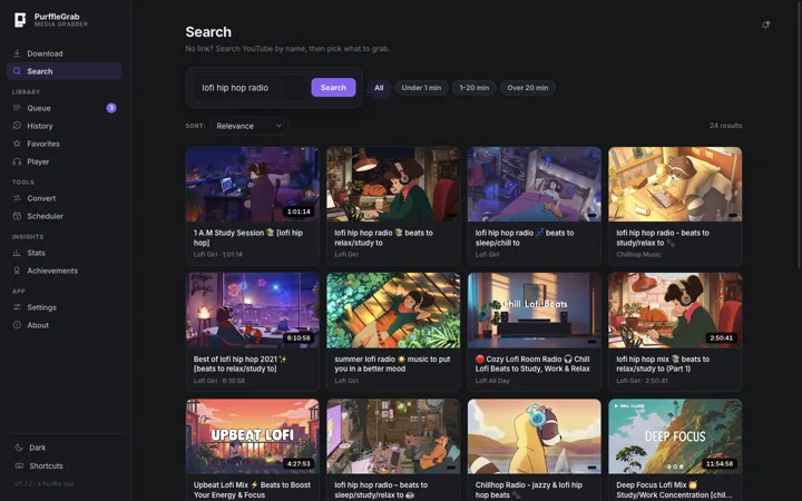 YouTube search results in PurffleGrab