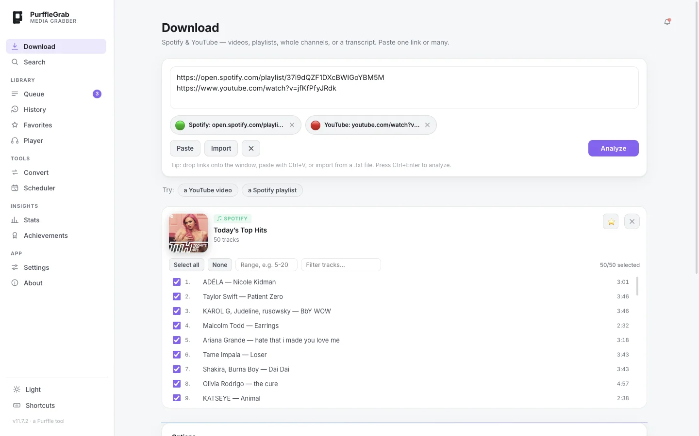 PurffleGrab in light theme with a Spotify playlist analysed and its track list shown
