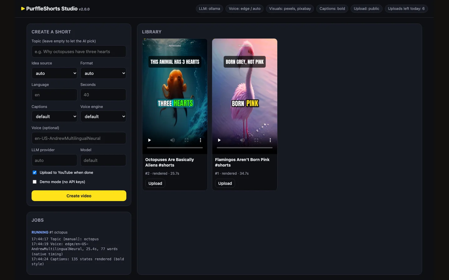 PurffleShorts Studio dashboard with the create-a-Short form, job log and a library of rendered Shorts